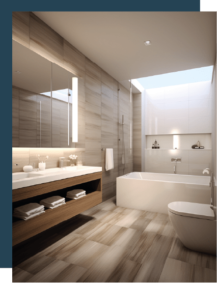 Salle de bains moderne avec meubles en bois clair, carrelage beige et puits de lumière au-dessus de la baignoire.