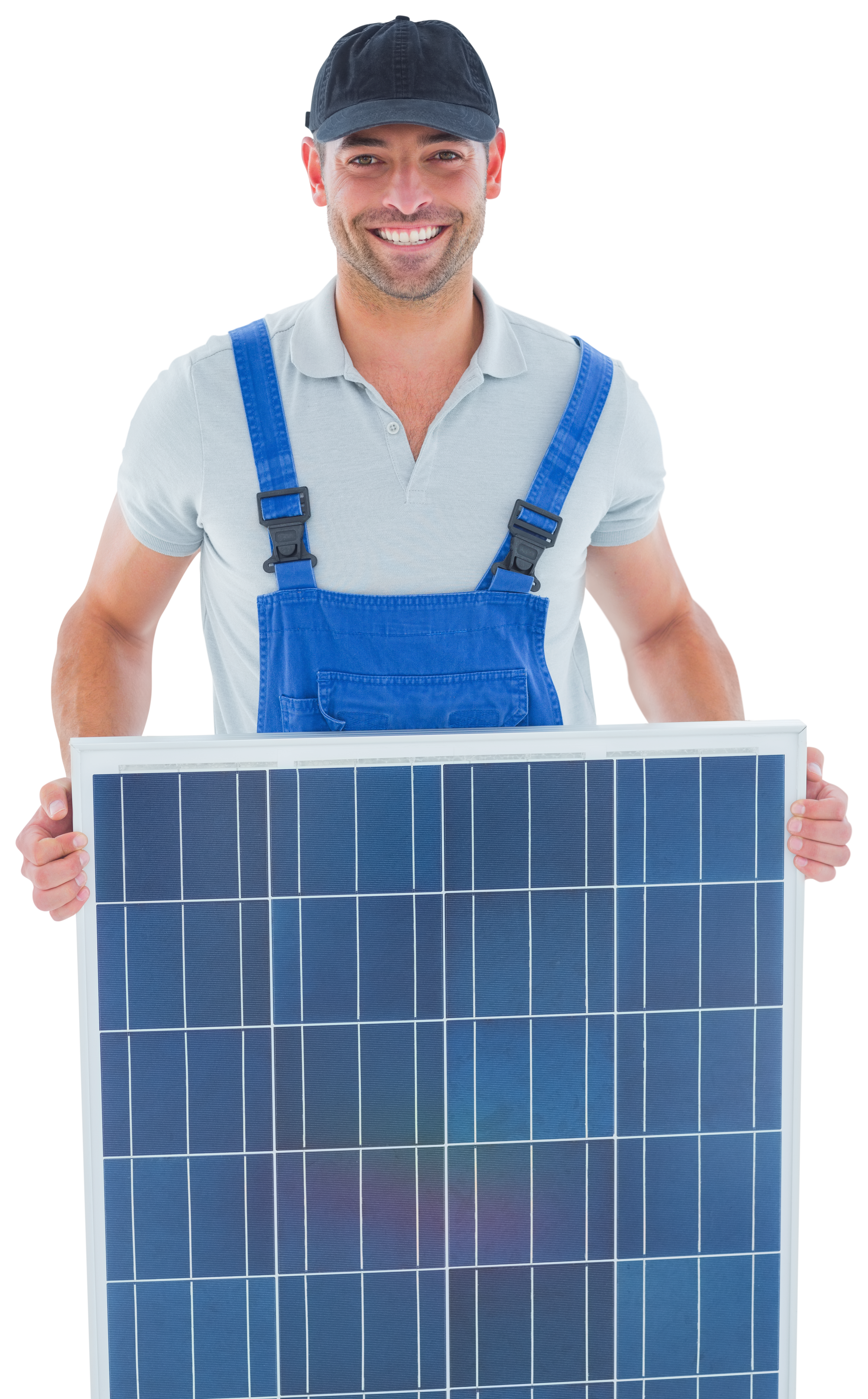 Image détourée d'un homme qui tient un panneau solaire