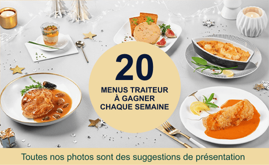 Présentation d'une table de fête avec des plats de la carte traiteur. 20 menus traiteur à gagner chaque semaine.