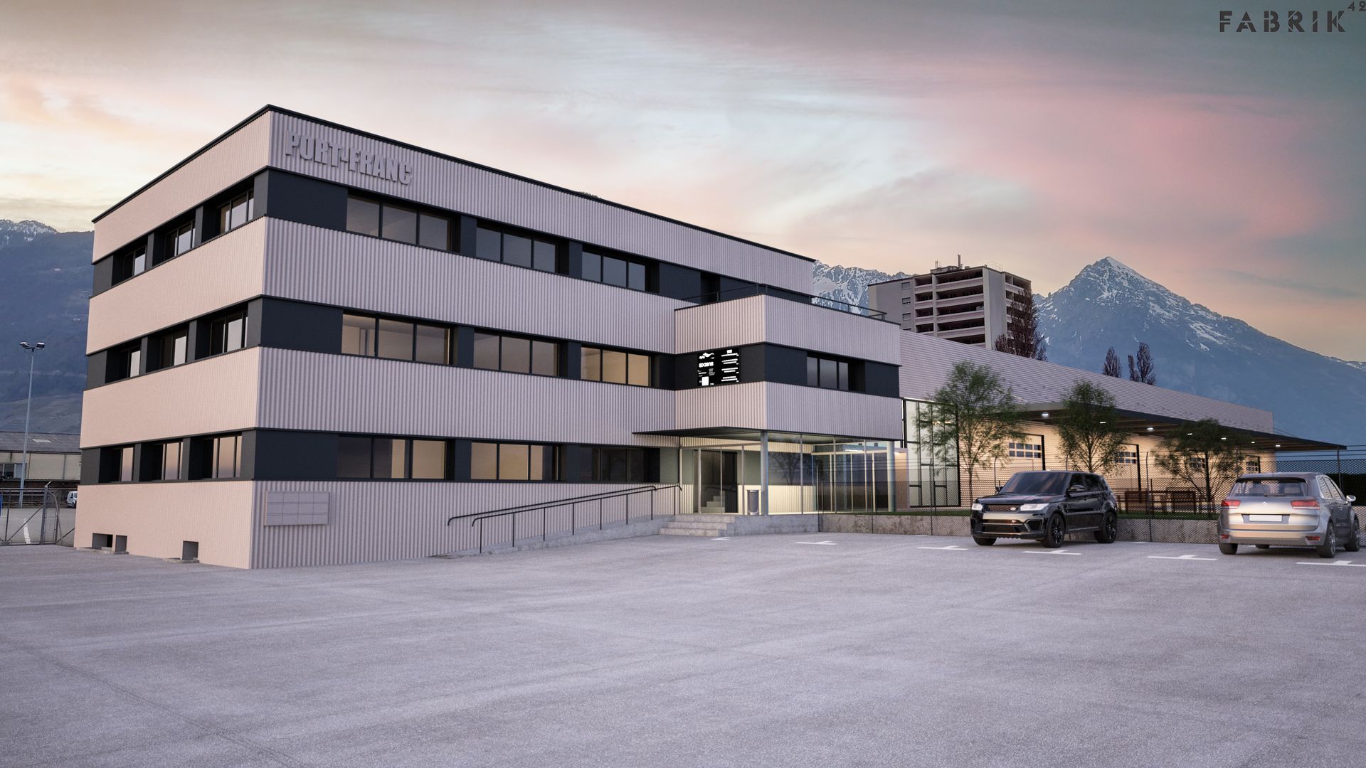 Un immeuble de bureaux moderne de trois étages, aux murs gris clair et aux bandes horizontales sombres abritant les fenêtres