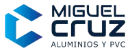 Logotipo de Miguel Cruz Aluminio y PVC con un icono geométrico azul y texto azul marino sobre fondo blanco