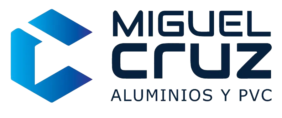 Logotipo de Miguel Cruz Aluminio y PVC con un icono geométrico azul y texto azul marino sobre fondo blanco