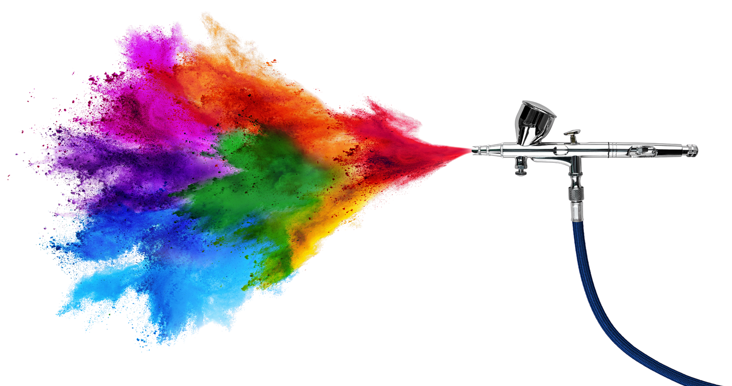 Un pistolet à peinture projette une peinture multicolore.