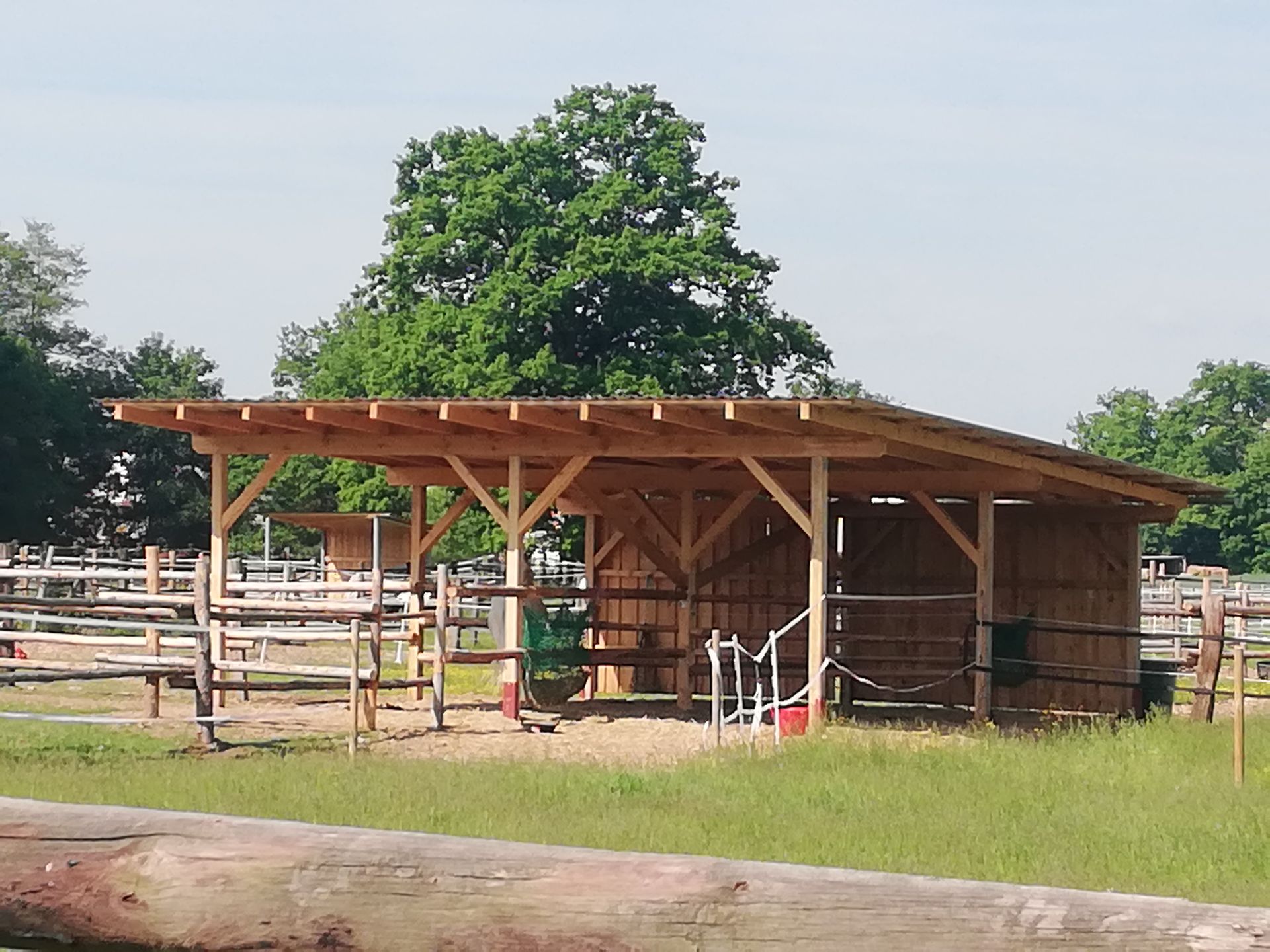 Pferdestall aus holz auf einer Weide