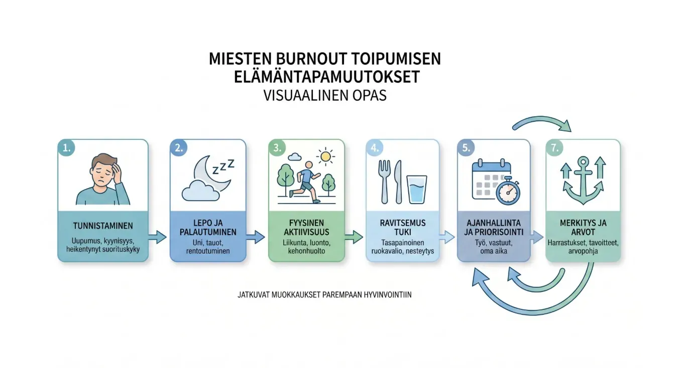 Työuupumuksen infografiikka, jossa on kuusi sinivihreää askelta ja pyöreät nuolet
