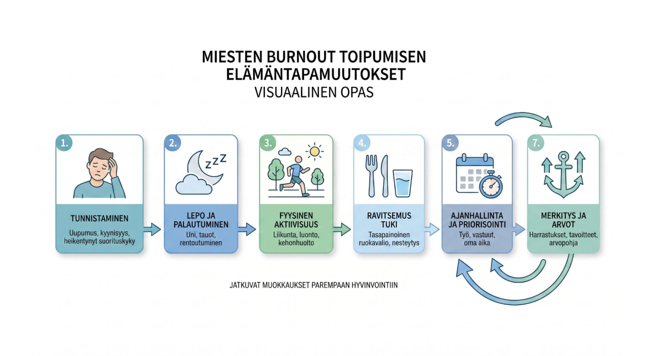 Infografiikka ympyränmuotoisesta viisivaiheisesta prosessista, jossa on siniset ja vihreät paneelit ja kuvakkeet valkoisella taustalla