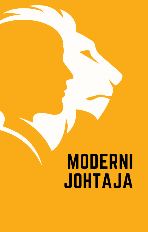 Oranssi juliste, jossa on valkoinen leijonan profiili ja musta teksti ”MODERNI JOHTAJA”