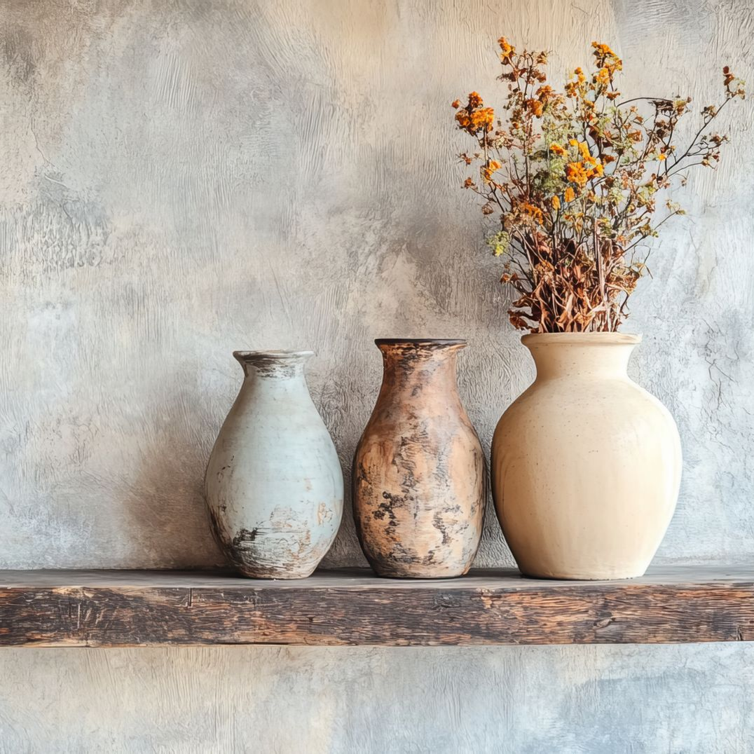 Enduit sur un mur dans les tons naturels avec une étagère en bois et des vases posés dessus