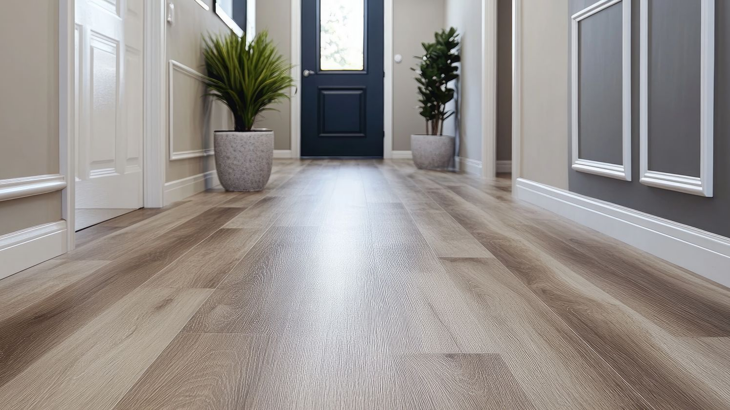 Sol imitation bois dans un couloir avec une porte bleu foncé et des plantes en pot.