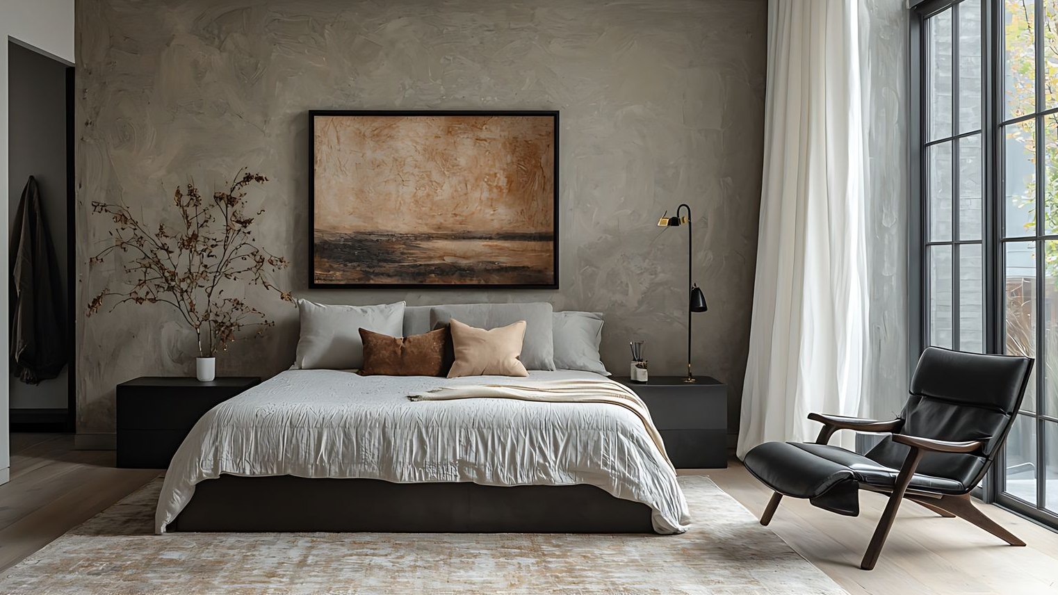 Chambre avec murs gris, lit, œuvres d'art, chaise et grande fenêtre.