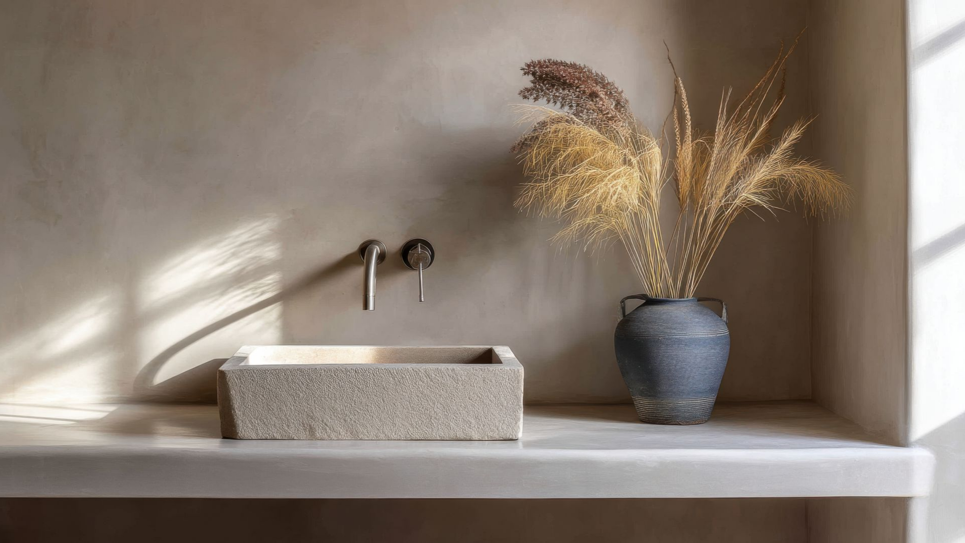 Lavabo en pierre avec robinetterie sombre, murs beiges et plantes séchées dans un vase. La lumière du soleil inonde la pièce.