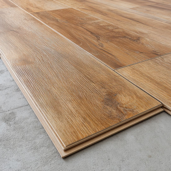 Pose de parquet emboîtable imitation bois sur une dalle de béton ; lames dans différentes nuances de brun.