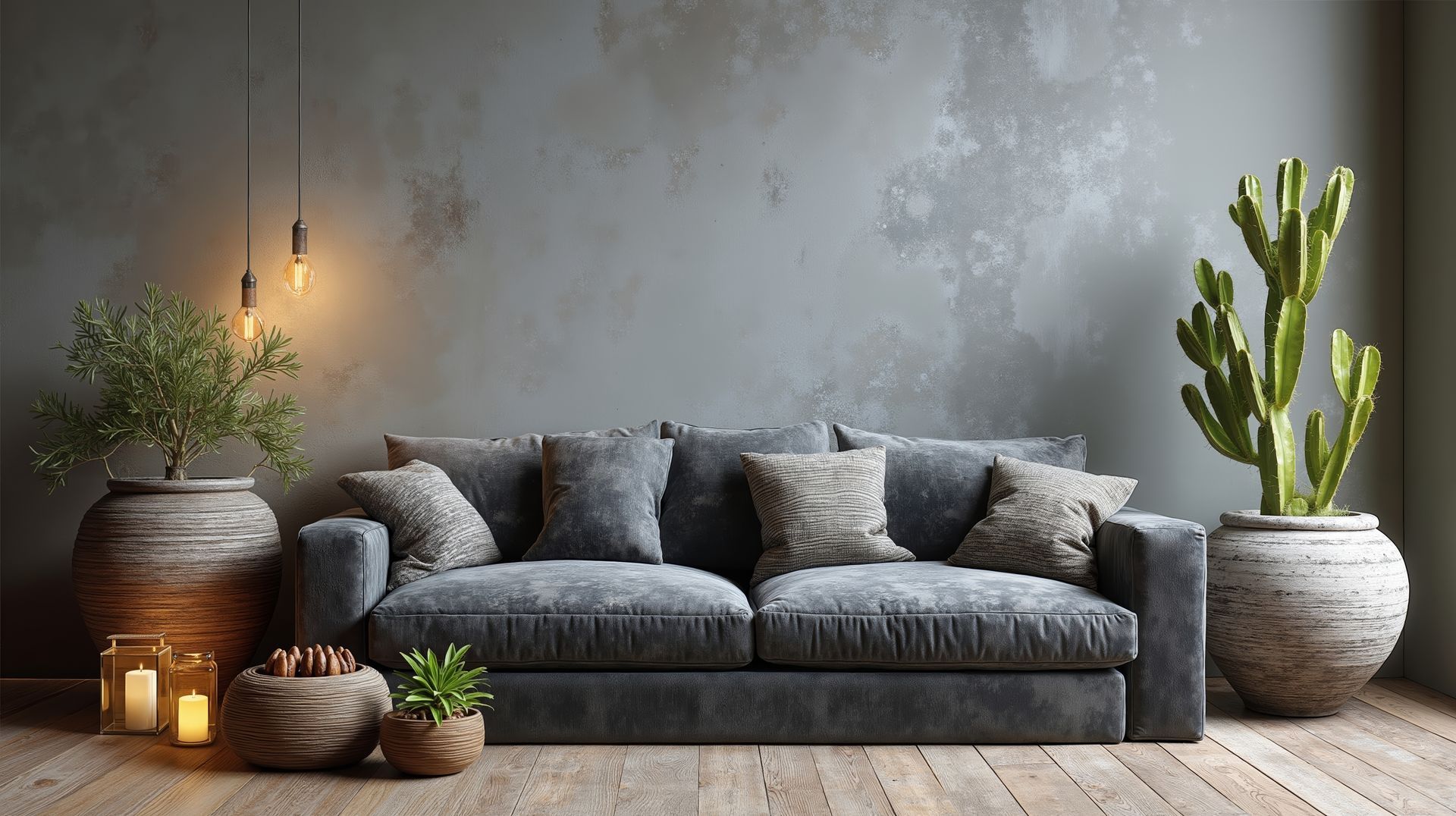 Canapé gris contre un mur gris texturé, flanqué de plantes en pot, parquet, éclairage chaleureux.