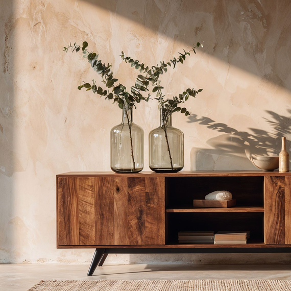 Murs enduits et talochés avec un meuble et un vase