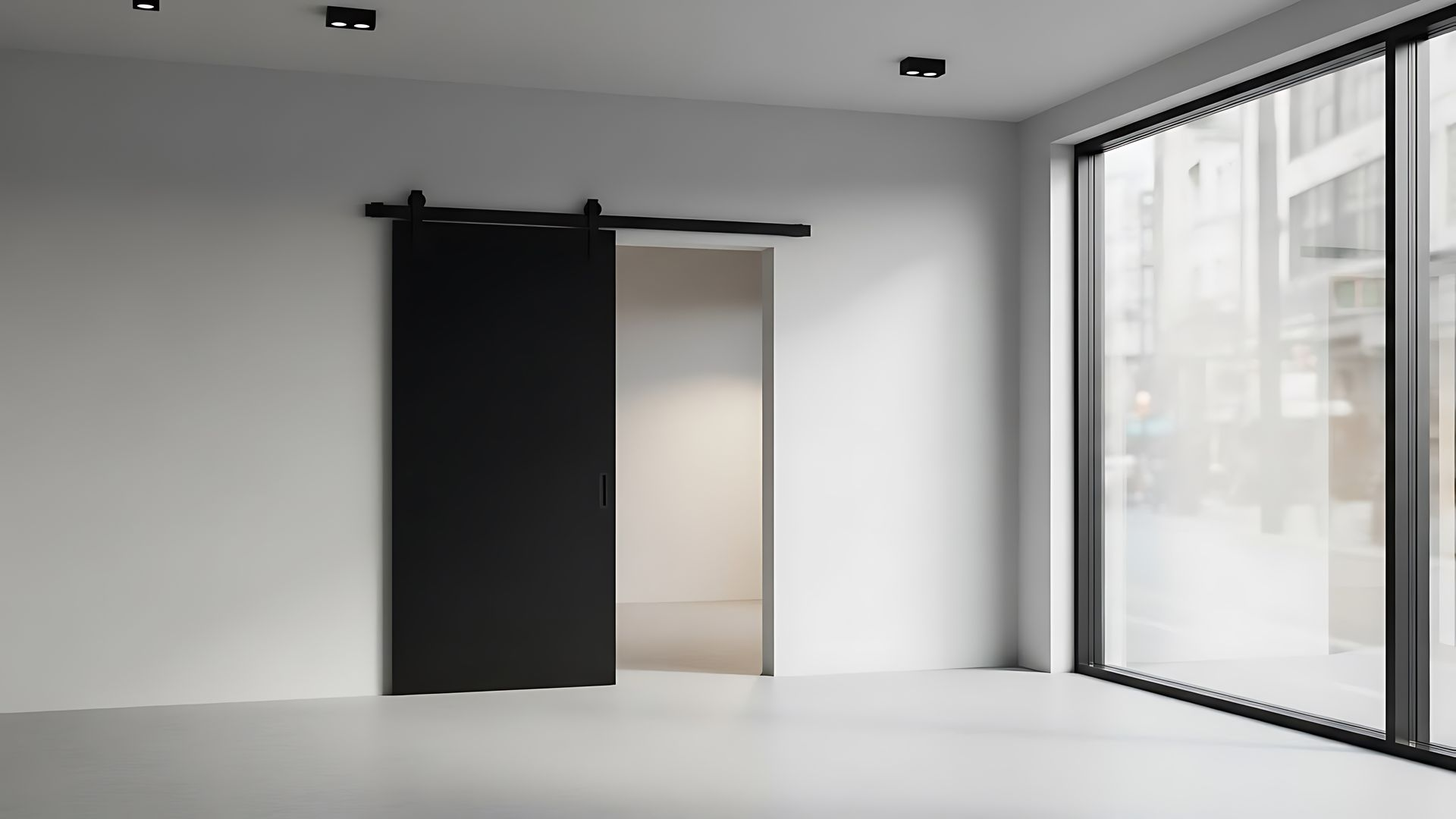 Porte coulissante noire de style grange sur un mur blanc, à côté d'une grande fenêtre dans une pièce minimaliste.