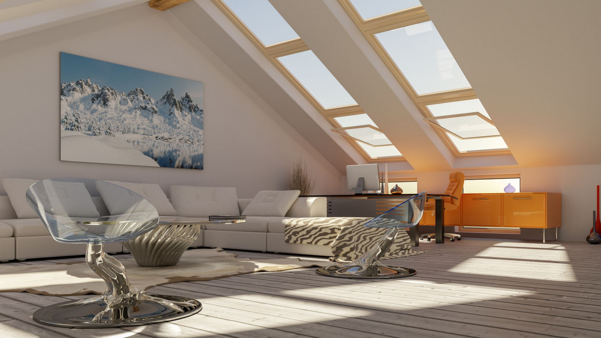 Espace de vie lumineux sous les combles avec puits de lumière, murs blancs et mobilier moderne.