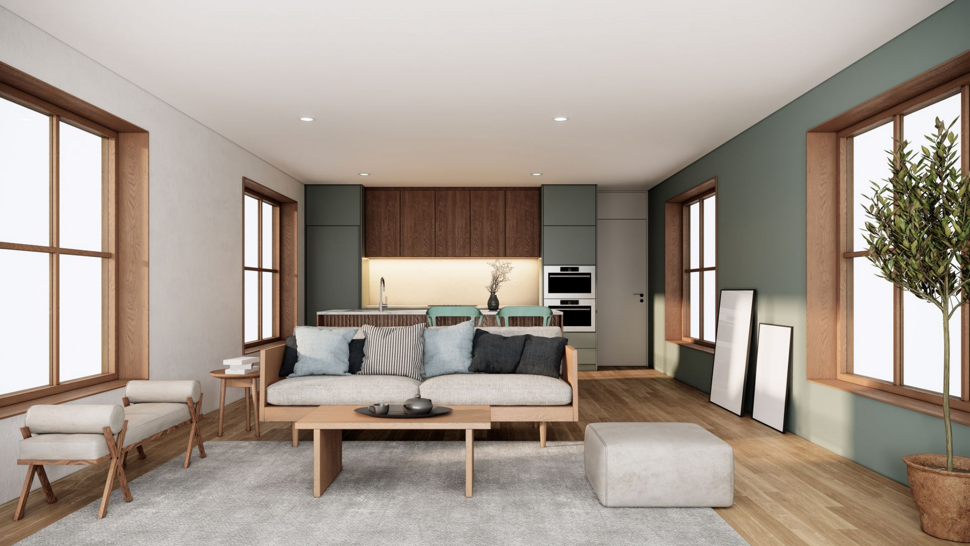 Salon moderne avec cuisine ouverte, parquet clair, mur d'accent vert sauge et grandes fenêtres