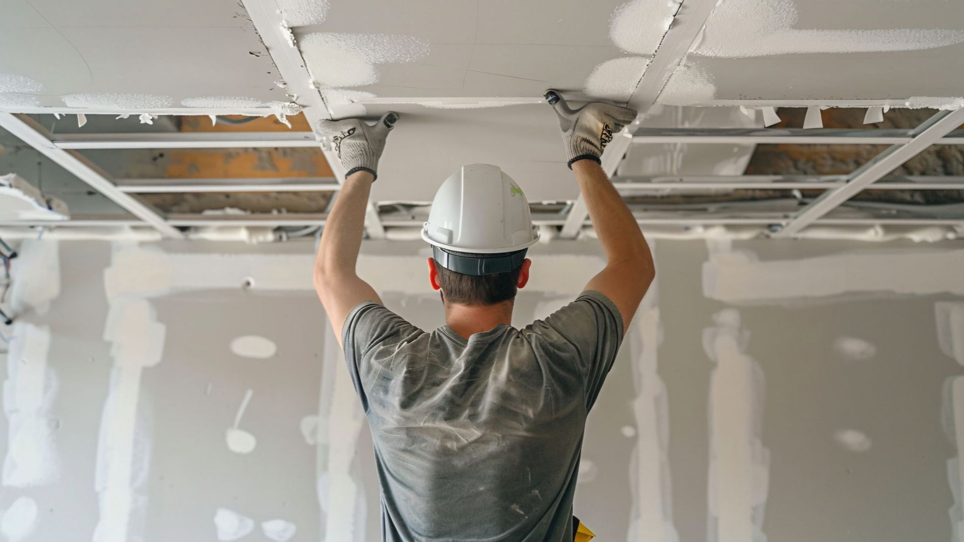 Ouvrier du bâtiment installant des plaques de plâtre au plafond, portant un casque blanc et des gants