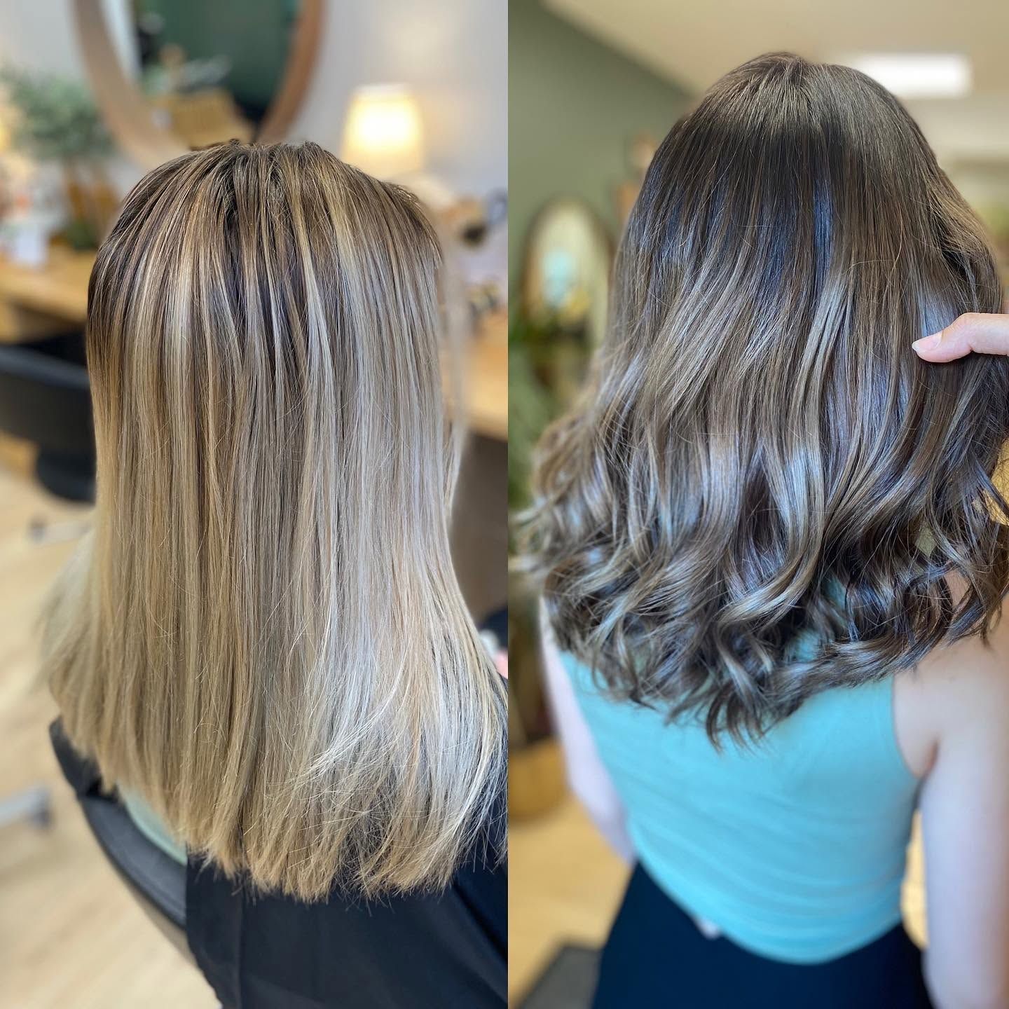 Transformation capillaire côte à côte : cheveux lisses méchés après, et cheveux bruns ondulés avant