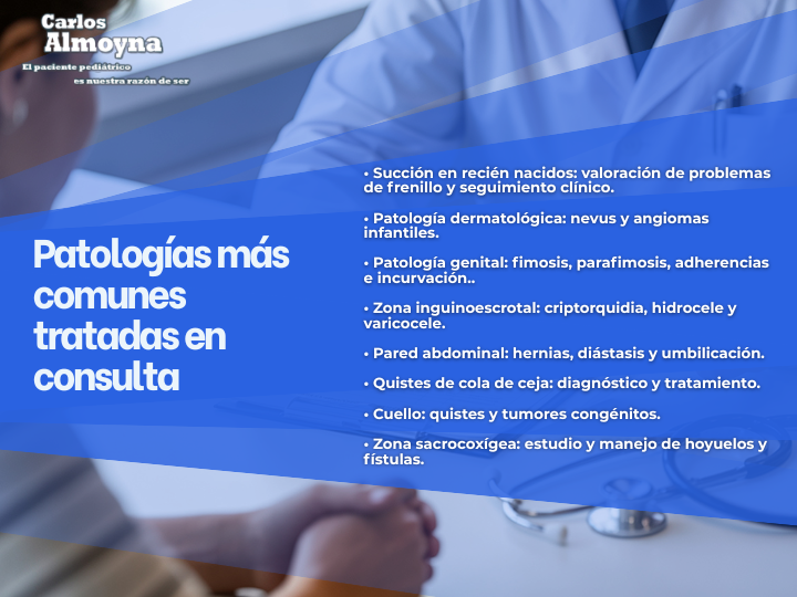 Cartel azul de clínica dental con el texto “Patologías más comunes tratadas en consulta” y lista de afecciones dentales