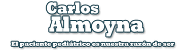 Logo de “Carlos Almoyna” en azul y blanco, con el lema “El paciente pediátrico es nuestra razón de ser”.