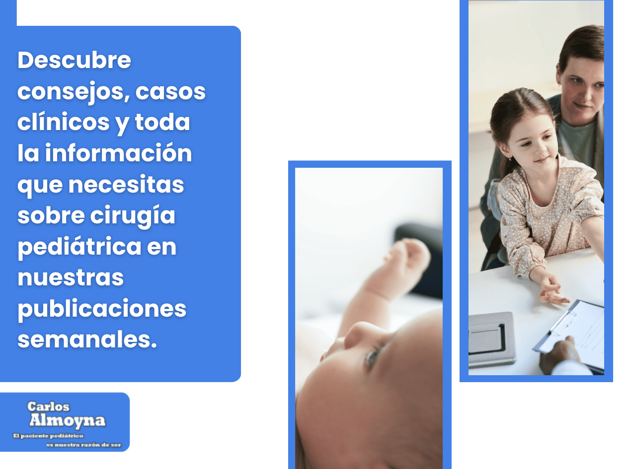 Gráfico promocional azul para cirugía pediátrica con fotos de niños y el texto 