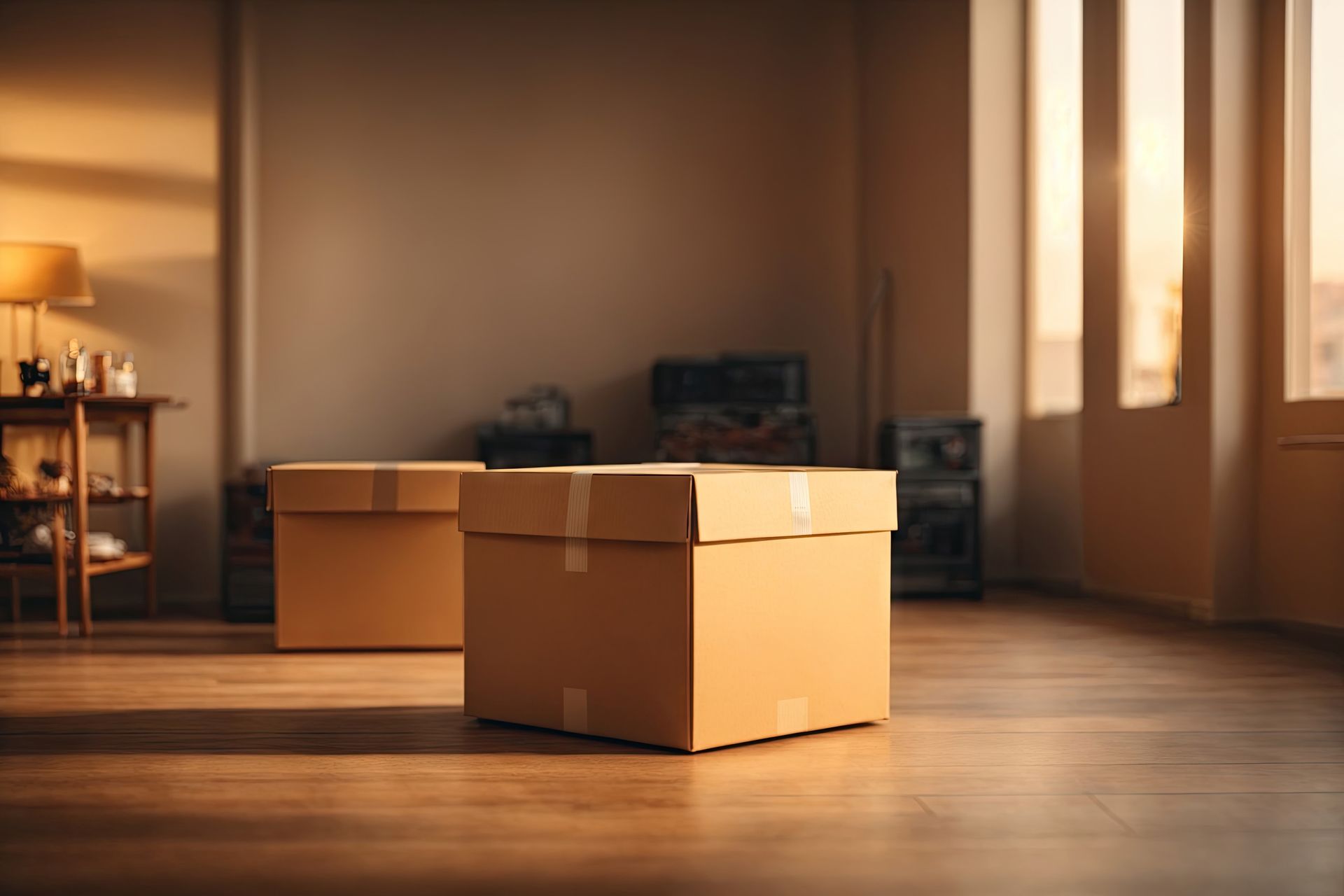 Dos cajas de cartón sobre un piso de madera en una habitación, con la luz del sol entrando por una ventana.