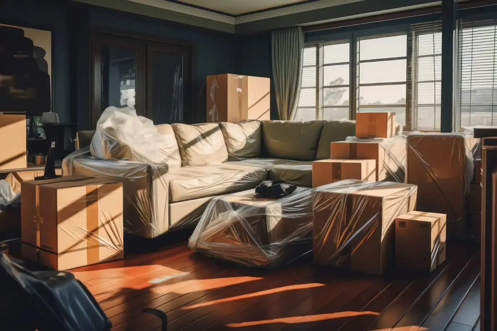 Sala de estar llena de cajas de mudanza y muebles envueltos, con la luz del sol entrando a través de una gran ventana.
