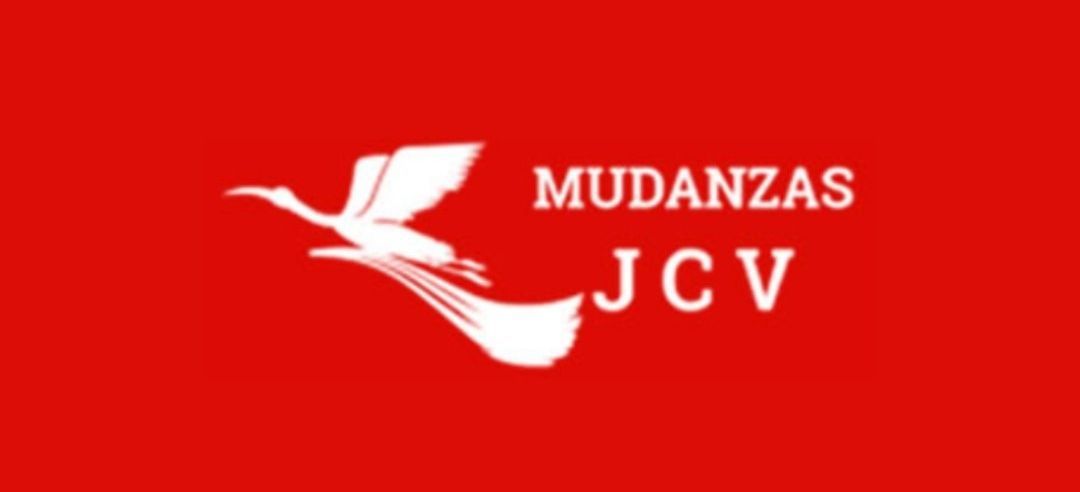 Logotipo rojo con pájaro blanco y texto "MUDANZAS JCV".
