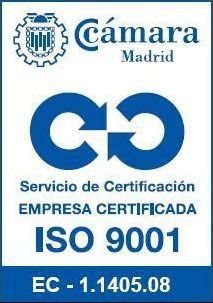 Un cartel azul y blanco que dice Camara Madrid ISO 9001