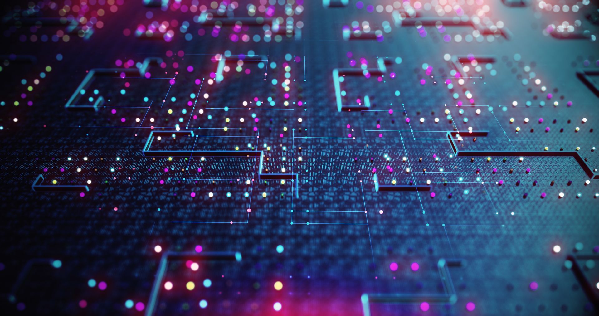 Ein computergeneriertes Bild einer Leiterplatte mit violetten und blauen Lichtern.