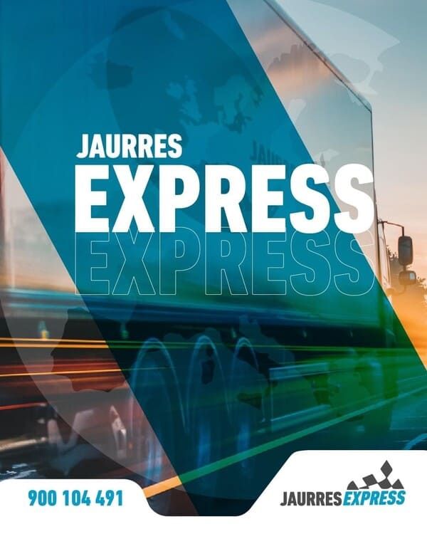 Un cartel de Jaunres Express con un camión al fondo.
