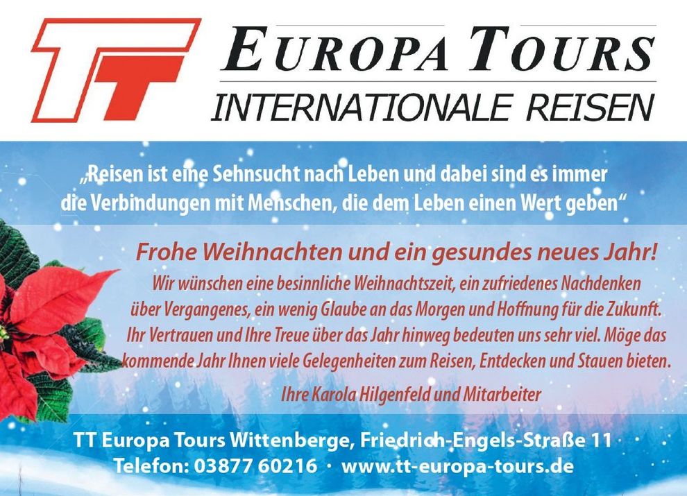 Werbung für Europa Tours mit den Wünschen „Frohe Weihnachten und ein gutes neues Jahr“. Farben: Rot und Weiß.