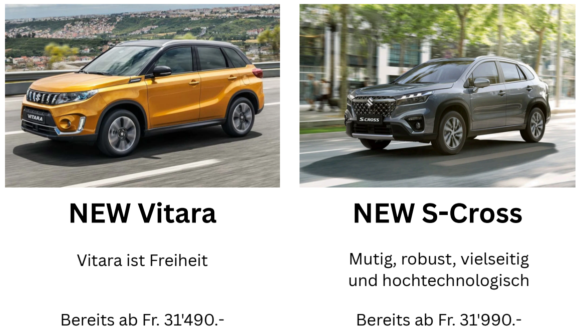 Auf blauem Grund sitzen ein weißer Ignis und ein roter Swift nebeneinander.