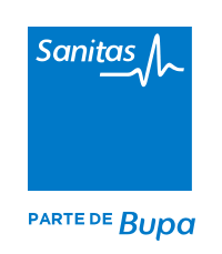 Logotipo de Sanitas en blanco sobre azul con “Parte de Bupa” debajo.