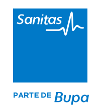 Logotipo de Sanitas sobre fondo azul con el texto “Parte de Bupa” debajo.