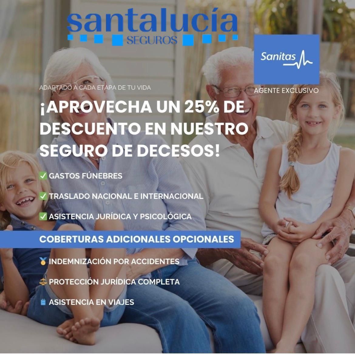 Publicidad de Seguro de Decesos Santa Lucía con familia sentada en sofá y texto promocional de descuento del 25%