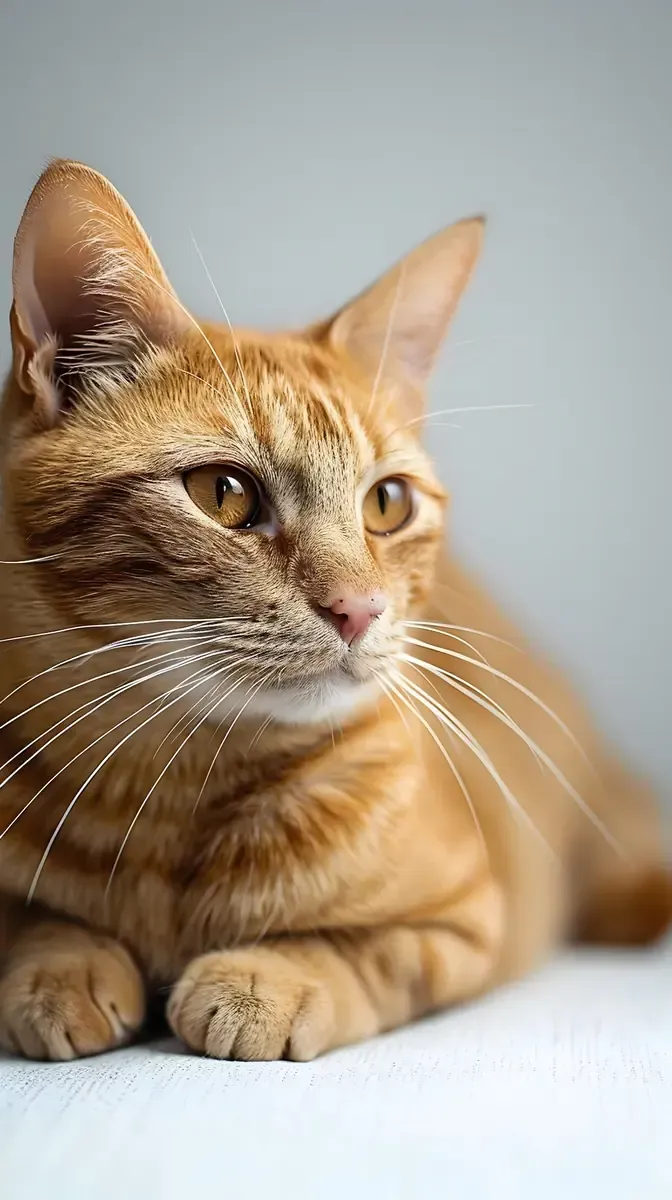 Un gato atigrado naranja yace sobre un suelo de madera cerca de una pared blanca, mirando a la cámara.