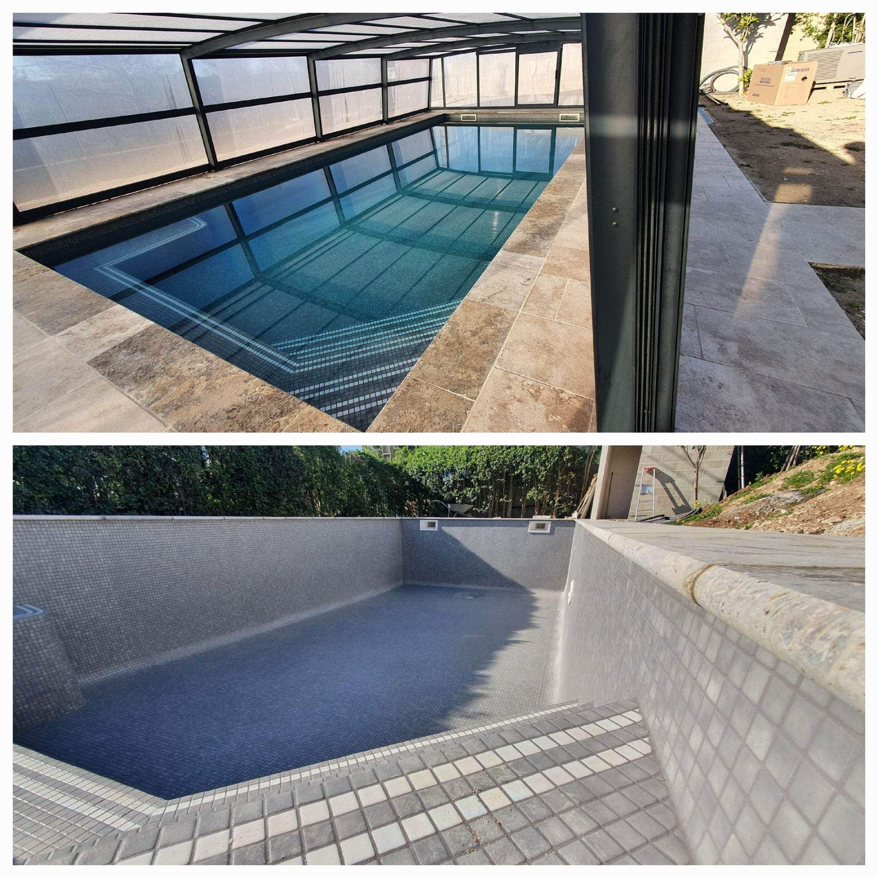 Montage photo de travaux de construction d'abri de piscine