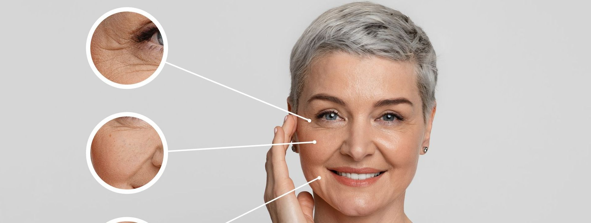 Une femme avec des images pointant vers son visage