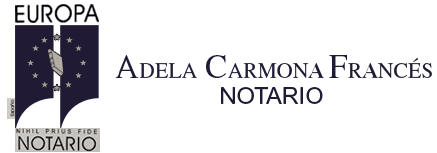 Logotipo para Adela Carmona Francés Notario, que presenta un emblema azul oscuro con estrellas y texto.