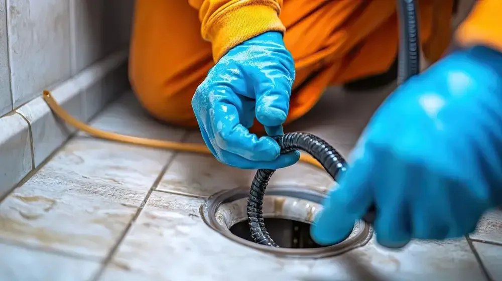 Persona con guantes, utilizando una serpiente desatascadora para destapar un desagüe obstruido en un baño.