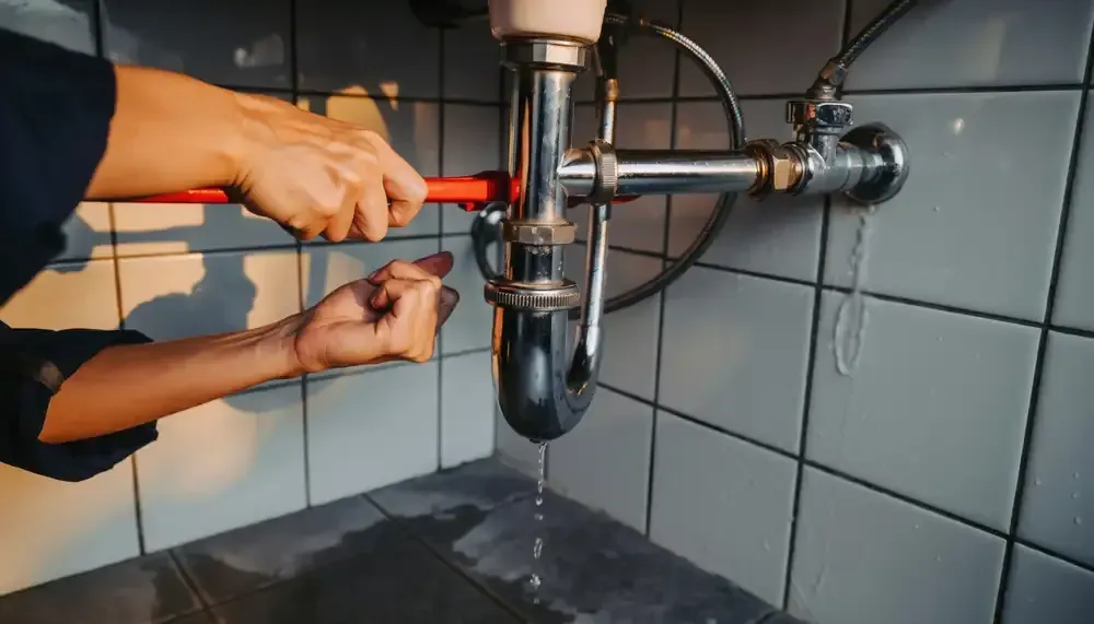 Persona utilizando una llave inglesa para reparar una fuga en la tubería del fregadero de un armario alicatado.