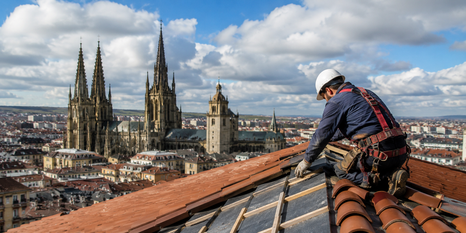 Un trabajador en una azotea con vistas a la catedral de la ciudad bajo un cielo nublado.