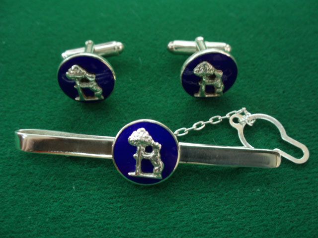 Un par de gemelos y un pasador de corbata sobre una tela verde.