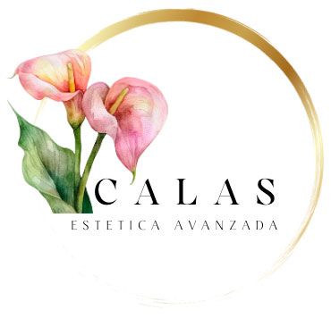 Un logotipo para Calas Estética Avanzada con flores rosas en un círculo dorado.