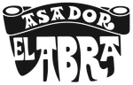 Logotipo en blanco y negro de “Asador El Abra” con texto estilizado en negrita e icono de parrilla.