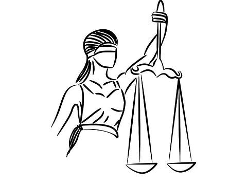 Un dibujo en blanco y negro de una mujer con los ojos vendados sosteniendo una balanza de la justicia.