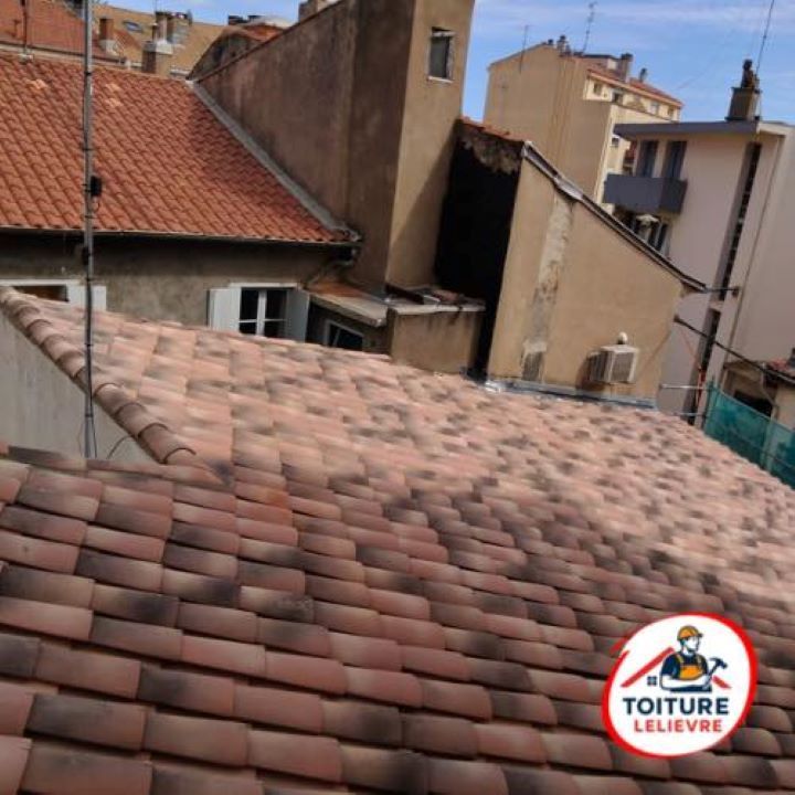 Vue aérienne d'une section de toit en tuiles de terre cuite aux multiples nuances, récemment nettoyée.