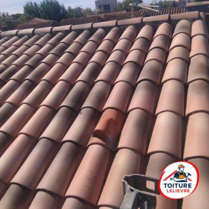 Un toit de tuiles en terre cuite auquel il manque une tuile.